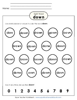 Dab or Color: Down Sight Words Individual Worksheet