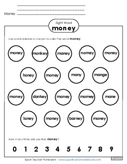 Dab or Color: Money Sight Words Individual Worksheet