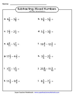 Subtracting Mixed Numbers with Like Denominators (Horizontal) Fractions Worksheet