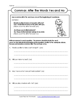 Answering Yes and No Questions Commas Worksheet