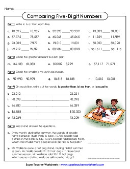 Comparing Numbers (5-Digit) Place Value Worksheet