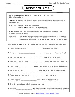 Farther and Further  Commonly Confused Words Worksheet