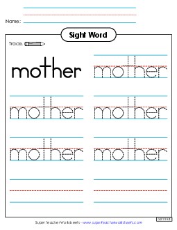 Trace the Word: Mother Sight Words Individual Worksheet