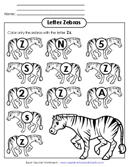 Letter Z z Recognition - Zebra Alphabet Worksheet