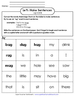 Make Sentences: Word Cards (-ug) Word Families Worksheet