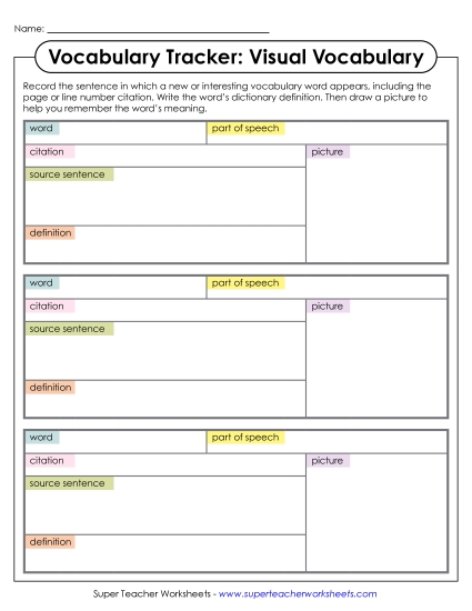 New Vocabulary Tracker: Visual Vocabulary Worksheet New Vocabulary Tracker: Visual Vocabulary Worksheet