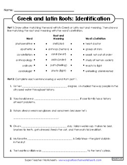 Identifying Greek & Latin Word Parts 6th Grade ELA Worksheet