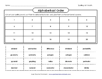 ABC Order: Cut and Glue Spelling E Worksheet