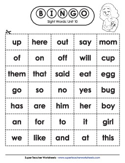 Sight Word Bingo (Unit 10) Sight Words Worksheet