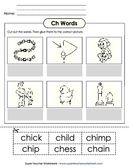 Cut-and-Glue (Ch Words) Free Phonics Digraphs Worksheet