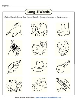 Color Long E Pictures Phonics Long Short E Worksheet