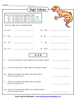 Digit Values (Tenths) Decimals Worksheet