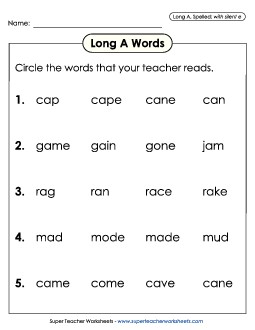 Listen and Circle: Long A (with silent e) Phonics Long Short A Worksheet