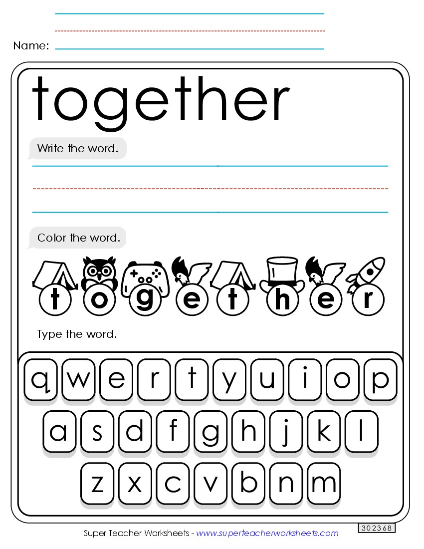 Write, Color, Type: Together Sight Words Individual Worksheet