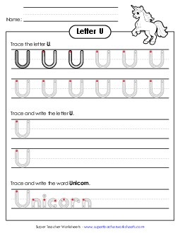 Uppercase U (Outlined Letters) Printing Handwriting Worksheet