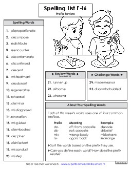 Spelling Word List (F-16) Spelling F Worksheet