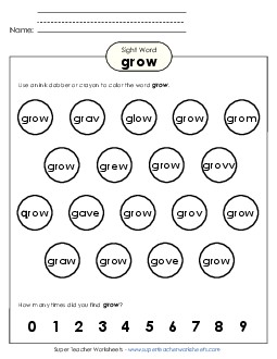 Dab or Color: Grow Sight Words Individual Worksheet