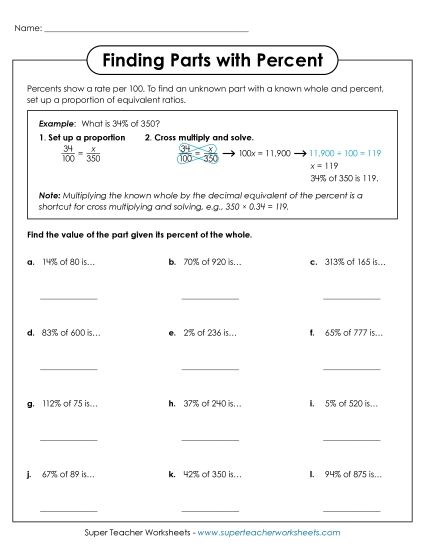 Finding Parts with Percent Percents Worksheet