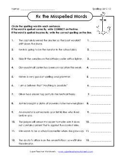 Fix the Misspelled Words (E-10) Spelling E Worksheet