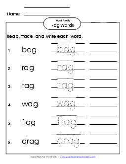 Read, Write, Trace (-ag) Word Families Worksheet