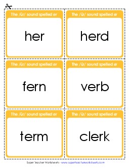 Flash Cards:  /ûr/ Spelled <i>er</i> Phonics R Controlled Vowels Worksheet