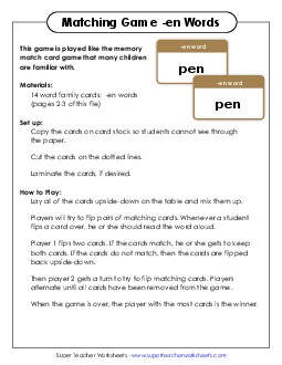 Memory Match Game (-en) Word Families Worksheet