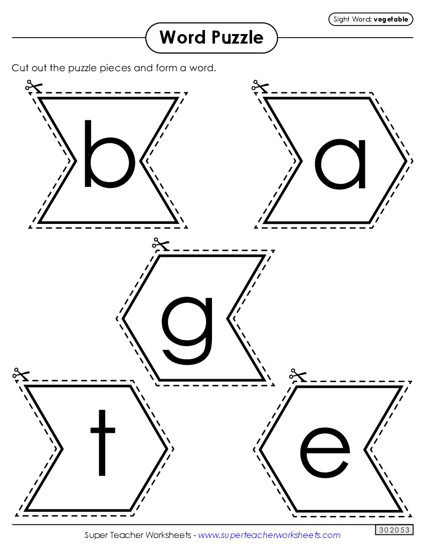 Word Puzzle: Vegetable Sight Words Individual Worksheet