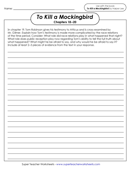 New Writing Prompt: Tom Robinson's Testimony Worksheet New Writing Prompt: Tom Robinson's Testimony Worksheet
