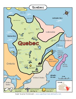 Quebec Map (Full Colour) Canada Worksheet