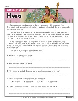 Greek Gods Series: Hera Reading Comprehension Reading Comp Short Worksheet