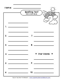 Spelling Test (A-Color Words)  Spelling A Worksheet