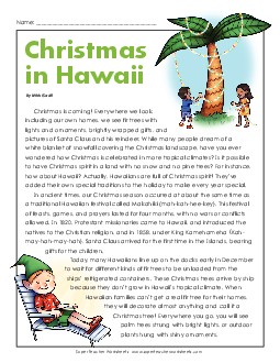 Christmas in Hawaii Reading Comprehension Worksheet