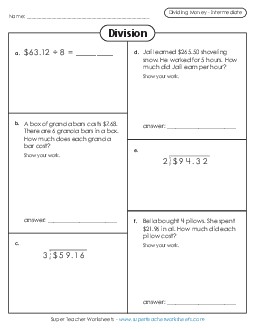 Dividing Money Variety Worksheet (Intermediate) Division Worksheet