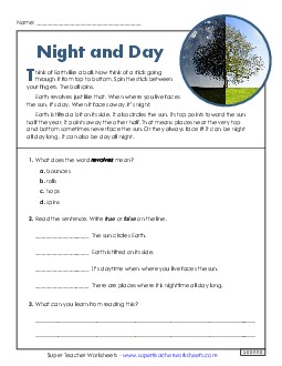 What Makes Night and Day? (Short) Reading Comprehension Reading Comp Short Worksheet