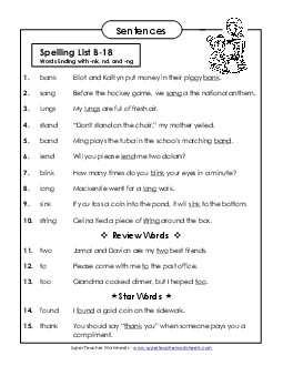 Spelling Test Sentences (B-18) Spelling B Worksheet