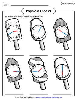 Popsicle Clocks - Nearest 5 Minutes Summer Worksheet