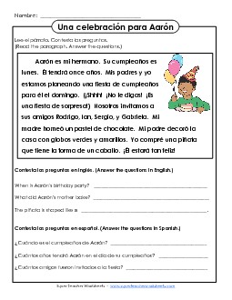 Una celebración para Aarón Spanish Worksheet