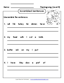 Scrambled Sentences (B-Thanksgiving)  Spelling B Worksheet