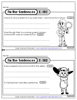 Fix the Sentences E-101 through E-105 Worksheet