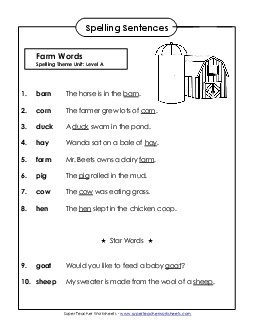 Spelling Test Sentences (A-Farm Words)  Spelling A Worksheet