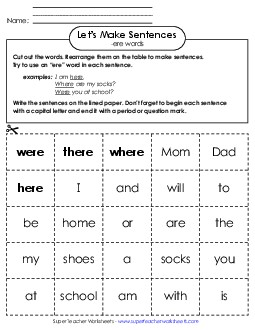 Make Sentences: Word Cards (-ere) Word Families Worksheet