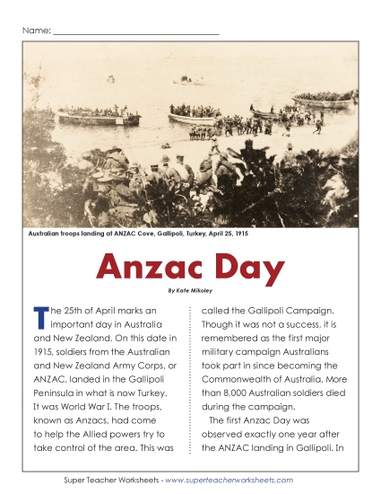 New Anzac Day (Article & Questions) Worksheet New Anzac Day (Article & Questions) Worksheet