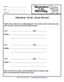 Literature Circles: Word Wizard Book Mummies In The Morning Worksheet