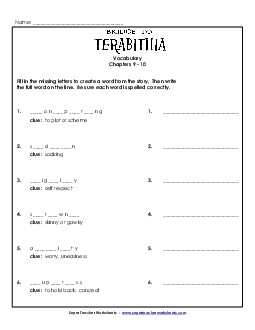 Vocabulary for Chapters 9 and 10 Book Bridge To Terabithia Worksheet