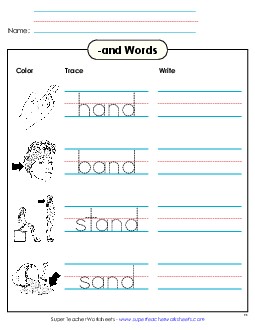 Trace and Write (-and) Word Families Worksheet