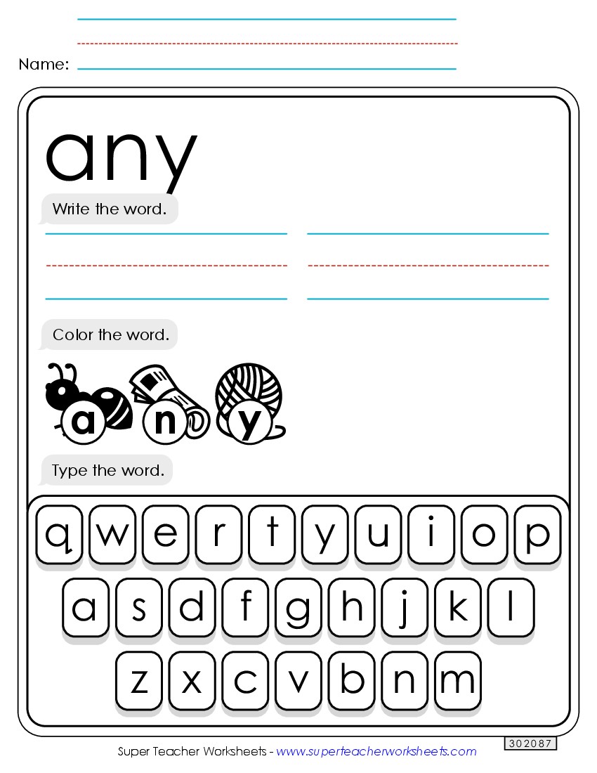 Write, Color, Type: Any Sight Words Individual Worksheet