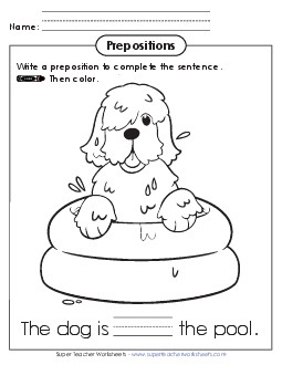 Fill in the Blank and Color: Dog Prepositions Worksheet