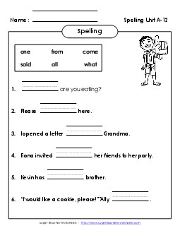 Complete the Sentences (A-12) Spelling A Worksheet