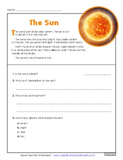 The Sun (Nonfiction) 2nd Grade Reading Comprehension Reading Comp Short Worksheet