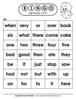 Sight Word Bingo (Unit 21) Sight Words Worksheet